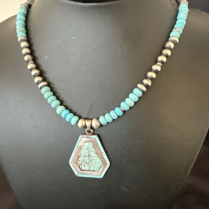 Navajo Turquoise Inlay Pendant Necklace | Sterling Silver | Authentic Native American Handmade | 17078