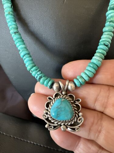 Blue Turquoise Pendant | Navajo Pearls Lapis | Sterling Silver Necklace 21" | 17539