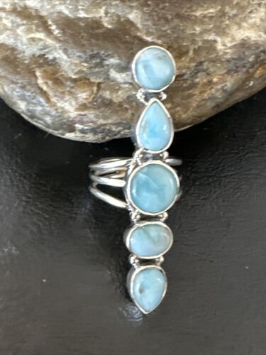 Navajo Blue Larimar Cluster Ring | Authentic Native American Sterling Silver | Multi-Stone | Sz 7.5 | 15943
