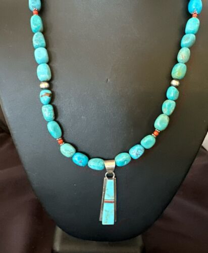 Navajo Blue Turquoise Inlay Pendant Necklace | Sterling Silver | 19" | Authentic Native American Handmade | 17491