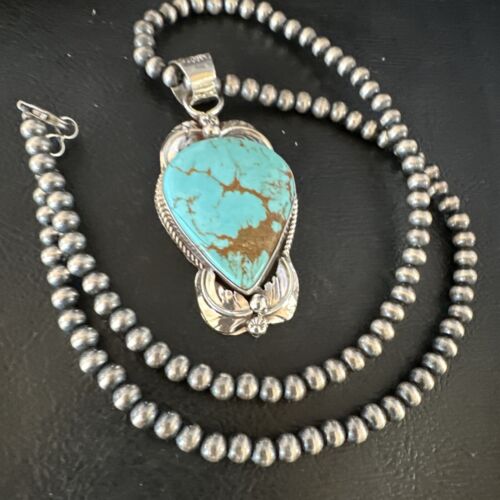 Navajo Blue Turquoise #8 Pendant | Sterling Silver Pearls Necklace | Authentic Native American Handmade | 15443