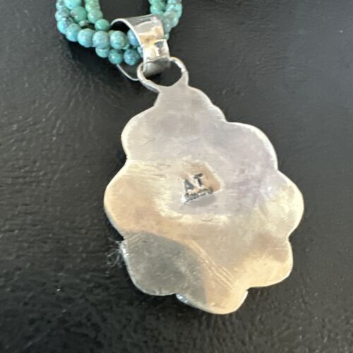 Navajo Blue Turquoise Pendant | Sterling Silver 3-Strand Bead Necklace | 17" | Authentic Native American Handmade | 15995