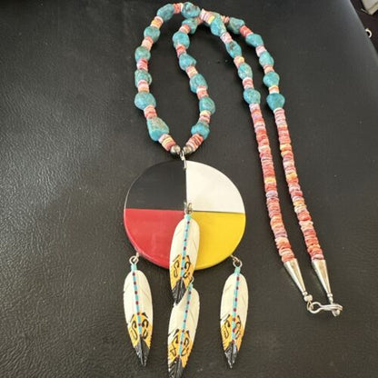 Santo Domingo Multicolor Spiny Inlay Feather Pendant Necklace | Sterling Silver | 24" | 16856