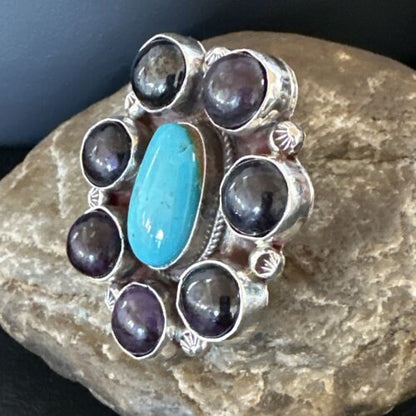Navajo Cluster Blue Kingman Turquoise Sugilite Ring | Authentic Native American Sterling Silver | Multi-Stone | Sz 8 | 16774