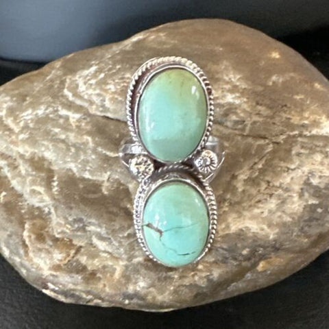 Women Blue Dry Creek Turquoise 2 Stone Navajo Sterling Silver Ring Size 9 16735