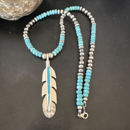 Men's Turquoise Inlay Feather Pendant Necklace | Sterling Silver | Authentic Native American Handmade | 17249