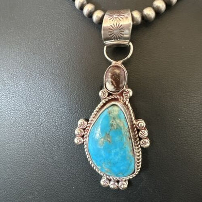 Navajo Blue Kingman Turquoise Wild Horse Pendant Necklace | Sterling Silver | Authentic Native American Handmade | 17223