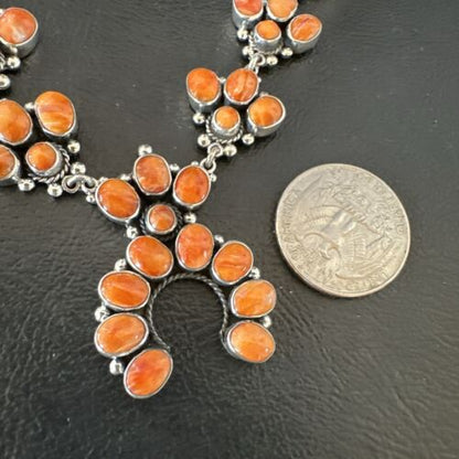 Navajo Orange Spiny Oyster Squash Blossom Necklace | Sterling Silver | Authentic Native American Handmade | 16830