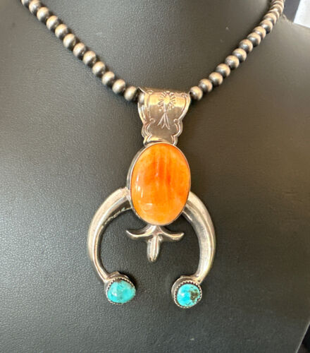 Navajo Blue Turquoise Orange Spiny Oyster Naja Pendant | Sterling Silver | Native American Handmade | 16410