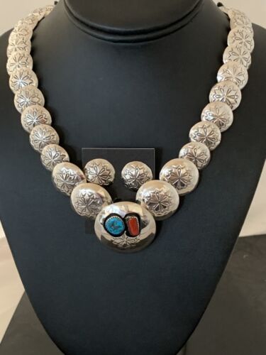 Navajo Coral Turquoise Necklace | Graduated Sterling Silver Pillow Stamped | 15635