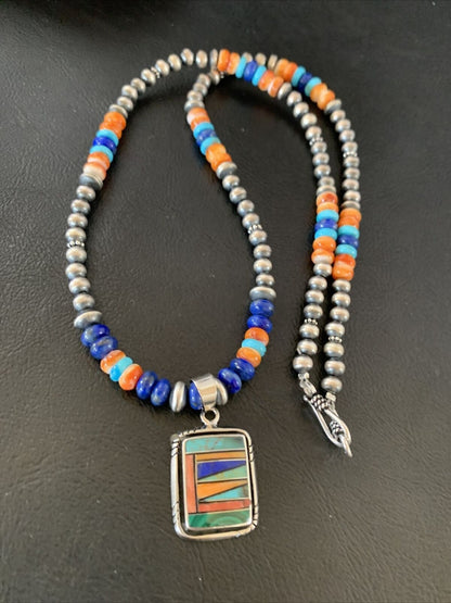 Navajo Native American Multicolor Turquoise Spiny Inlay Pendant Necklace | Sterling Silver | 10335