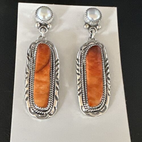 Navajo Red Spiny Oyster Pearl Dangle Earrings | Sterling Silver | Authentic Native American Handmade | 15325