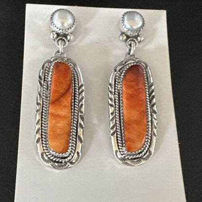 Navajo Red Spiny Oyster Pearl Dangle Earrings | Sterling Silver | Authentic Native American Handmade | 15325