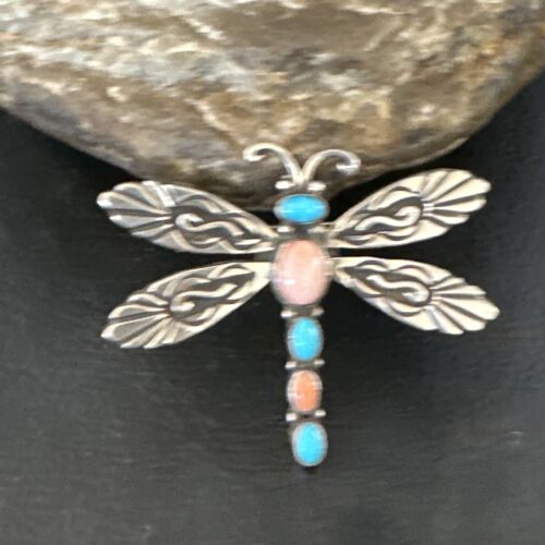 Navajo Dragonfly Pin Pendant | Blue Turquoise & Coral | Sterling Silver | Authentic Native American Handmade | 15236