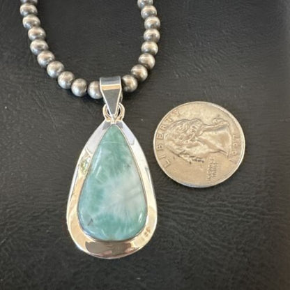 Navajo Blue Larimar Pendant Necklace | Sterling Silver Beads | Authentic Native American Handmade | 17564