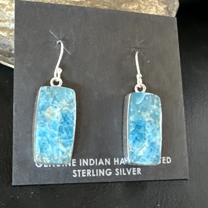 Navajo Blue Turquoise Dangle Earrings | Sterling Silver | Authentic Native American Handmade | 15431