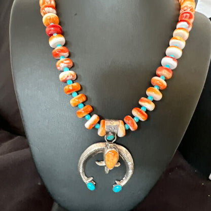 Navajo Blue Turquoise Spiny Oyster Naja Pendant Necklace | Sterling Silver | Authentic Native American Handmade | 16262