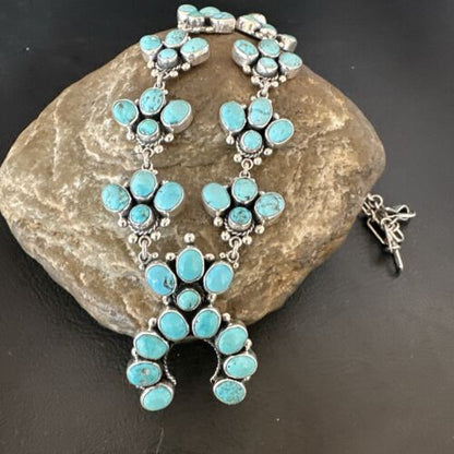 Navajo Blue Kingman Turquoise Squash Blossom Necklace | Sterling Silver | 16828