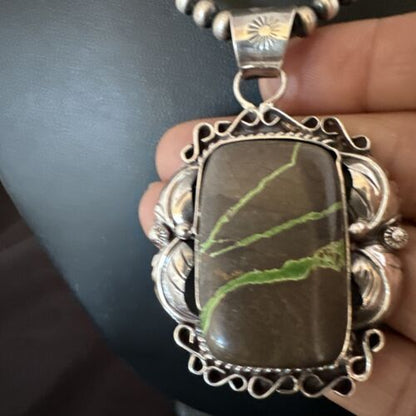 Navajo Green Boulder Turquoise Necklace Pendant | Sterling Silver | Men's Women's | 16134