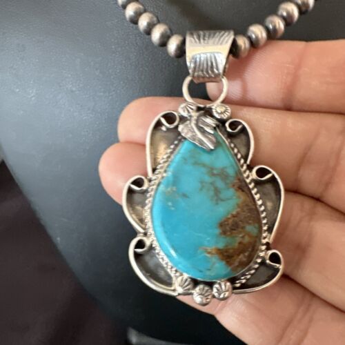 Men's Blue Kingman Turquoise Pendant Necklace | Navajo Pearls | Sterling Silver | 16022