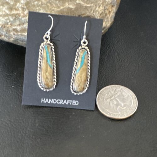 Navajo Blue Boulder Turquoise Dangle Earrings | Sterling Silver | Authentic Native American Handmade | 16498