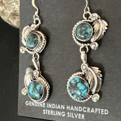 Navajo Blue Spiderweb Turquoise Dangle Earrings | Sterling Silver | Authentic Native American Handmade | 16011