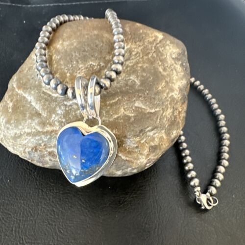 Navajo Blue Heart Lapis Pendant Necklace | Sterling Silver Pearls | Authentic Native American Handmade | 15019