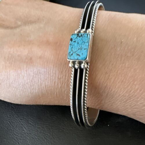Navajo Blue Turquoise Cuff Bracelet | Sterling Silver | Authentic Native American Handmade | 15161