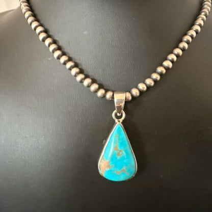 Navajo Blue Kingman Turquoise Pendant Necklace | Sterling Silver | 20" | Authentic Native American Handmade | 17011