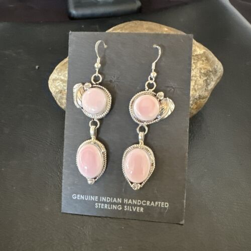 Navajo Pink Conch Shell Dangle Earrings | Sterling Silver | Authentic Native American Handmade | 17215
