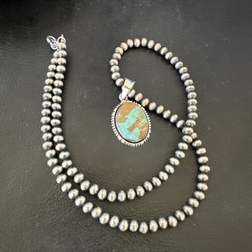 Navajo Blue Turquoise #8 Pendant | Sterling Silver Necklace with Pearls | Authentic Native American Handmade | 16353 - Masha USA