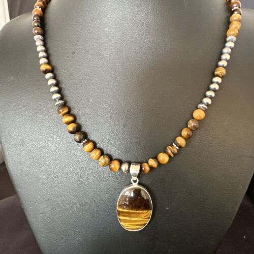 Southwestern Coffee Brown Tiger's Eye Pendant Necklace | Sterling Silver | Native American Handmade | 15867