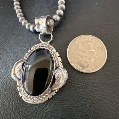 Navajo Pearls Black Onyx Necklace Pendant | Sterling Silver | Authentic Native American Handmade | 16533