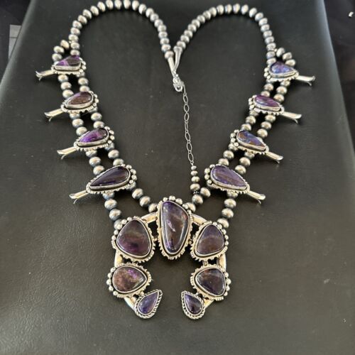 Navajo Squash Blossom Necklace with Purple Sugilite Pendant | Sterling Silver | 28" | 16940