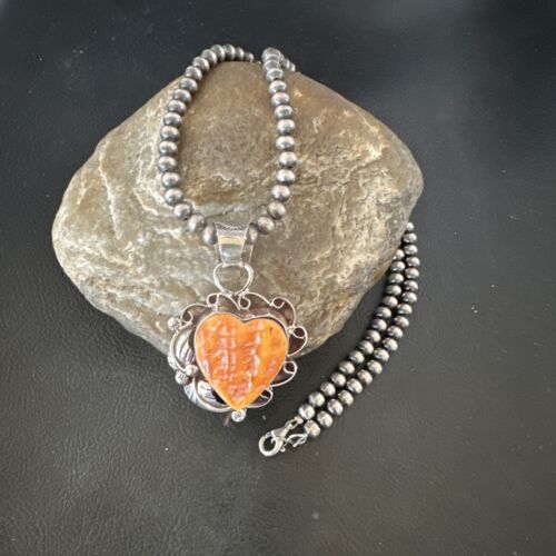 Navajo Orange Spiny Oyster Heart Pendant Necklace | Sterling Silver | Authentic Native American Handmade | 16552