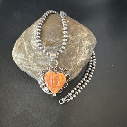 Navajo Orange Spiny Oyster Heart Pendant Necklace | Sterling Silver | Authentic Native American Handmade | 16552