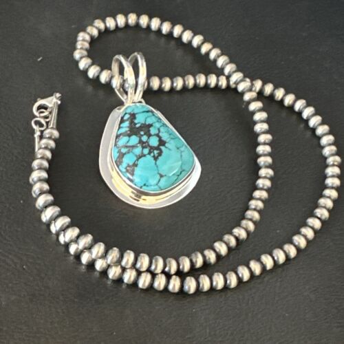 Men's Blue Spiderweb Turquoise Pendant Necklace | Navajo Sterling Silver | Authentic Native American Handmade | 14972