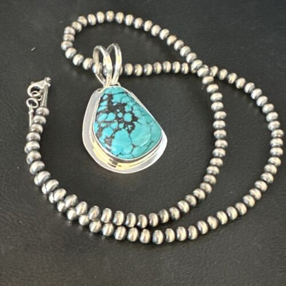 Men's Blue Spiderweb Turquoise Pendant Necklace | Navajo Sterling Silver | Authentic Native American Handmade | 14972
