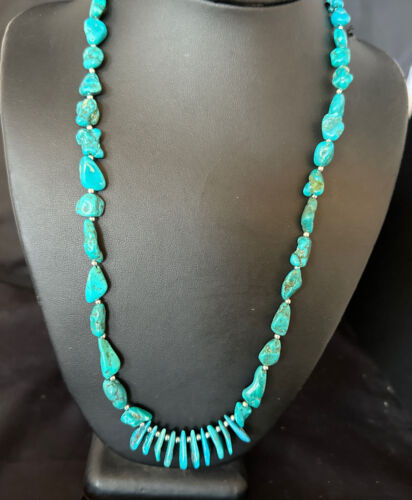 Navajo Blue Kingman Nugget Turquoise Necklace | Sterling Silver | 22" | Authentic Native American Handmade | 15534