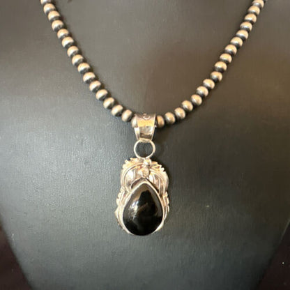 Navajo Pearls Black Onyx Necklace | Sterling Silver | Authentic Native American Handmade | 16133