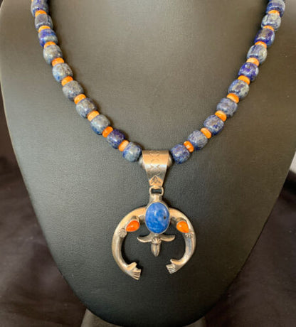Navajo Blue Lapis Spiny Oyster Naja Pendant | Sterling Silver | Authentic Native American Handmade | 11491