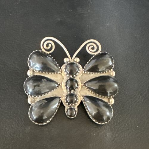 Navajo Black Onyx Butterfly Cluster Pin | Sterling Silver | Authentic Native American Handmade | 15168