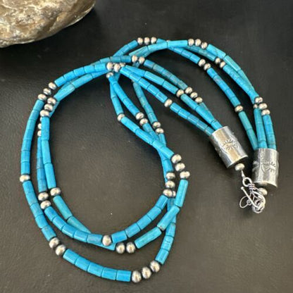 Navajo Blue Turquoise Tube Necklace | Sterling Silver | 22" | Authentic Native American Handmade | 17553