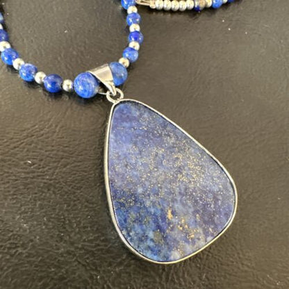 Navajo Blue Denim Lapis Pendant Necklace | Sterling Silver Pearls | 22" | Authentic Native American Handmade | 16579