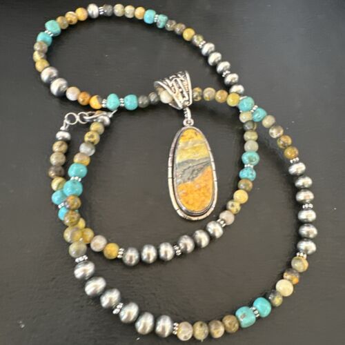 Navajo BumbleBee Jasper Pendant with Pearls | Sterling Silver Necklace | Authentic Native American Handmade | 16877