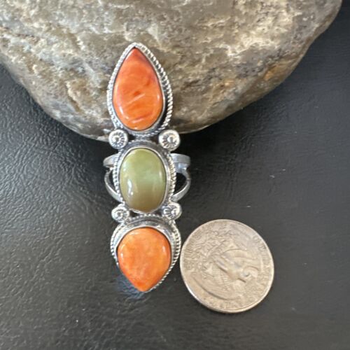 Navajo Green Turquoise Spiny Oyster Multi-Stone Ring | Authentic Native American Sterling Silver | Sz 10 | 16713