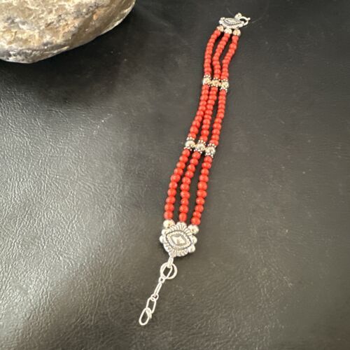 Women's Red Coral 3-Strand Bead Sterling Silver Bracelet 7.5" | Navajo Jewelry | 16468