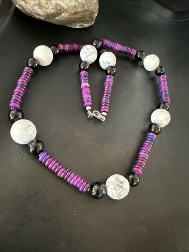Navajo Purple Sugilite Onyx Howlite Bead Necklace | Sterling Silver | 25" | Authentic Native American Handmade | 16948