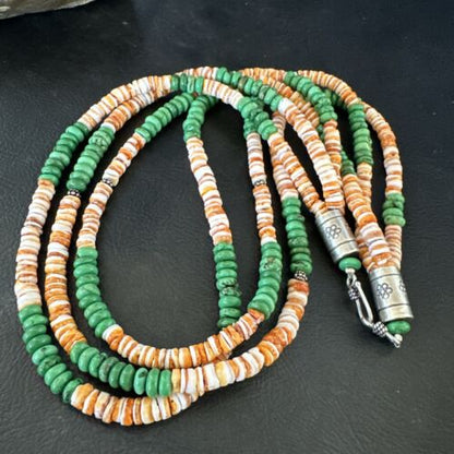 Navajo Green Turquoise Spiny Oyster Necklace | Sterling Silver | Authentic Native American Handmade | 17534