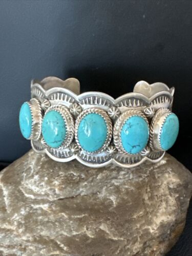 Navajo Blue Turquoise 5 Stone Cuff Bracelet | Sterling Silver | XL Men's | Authentic Native American Handmade | 15859